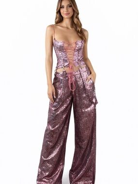 AKIRA Pink Multi Metallic Corset + Wide Leg Pants Set ✨🔥 (NWT)
